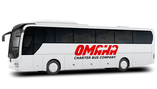 a plain white charter bus with a "Omaha Charter Bus Company" logo